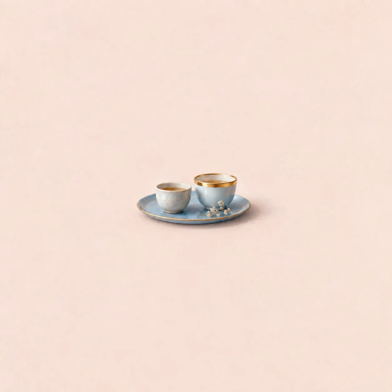 A plain white cup and a gold-rimmed white cup sharing a blue plate on a pale pink background.