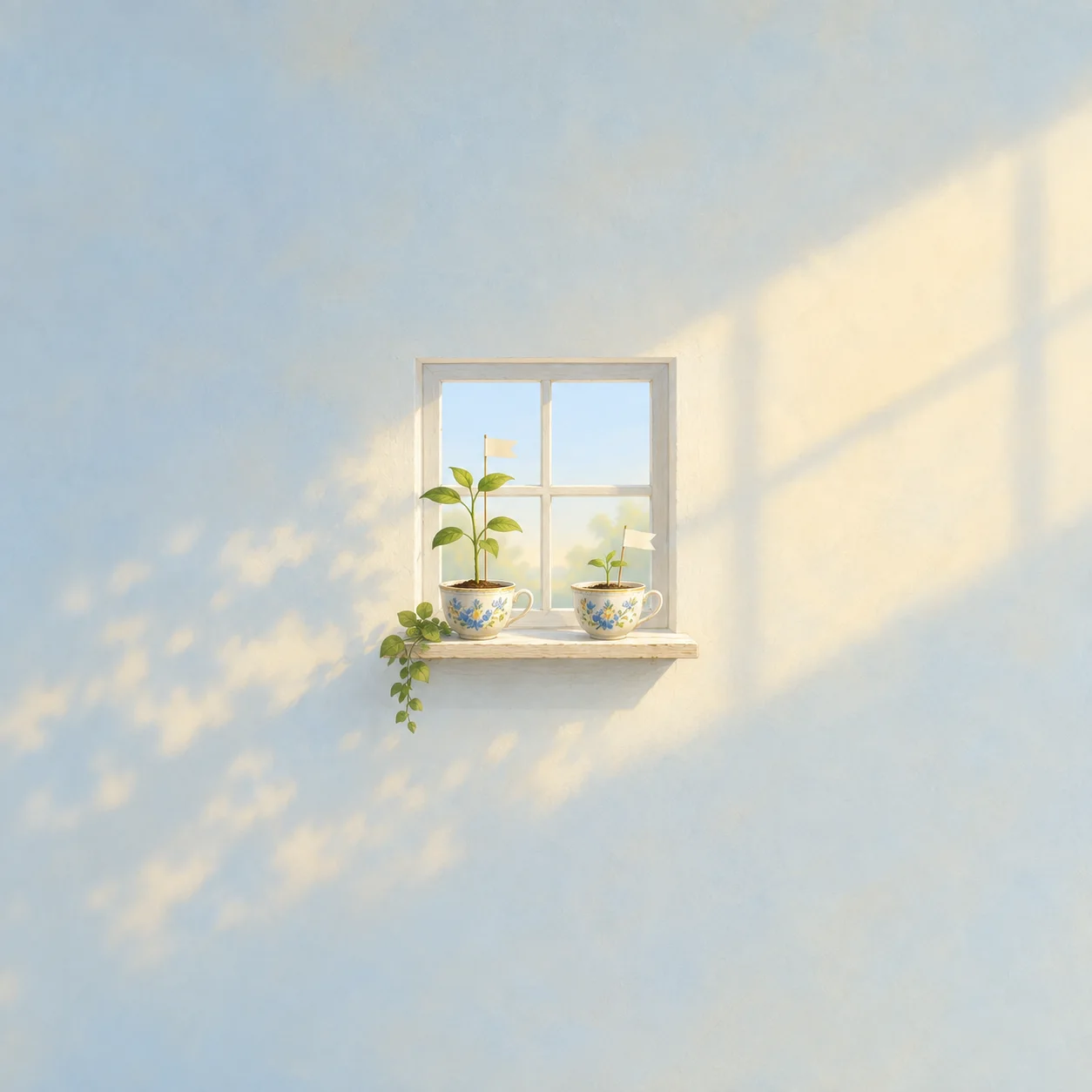 Two seedlings of different heights grow in matching teacups on a sunny windowsill, with small blank flags.