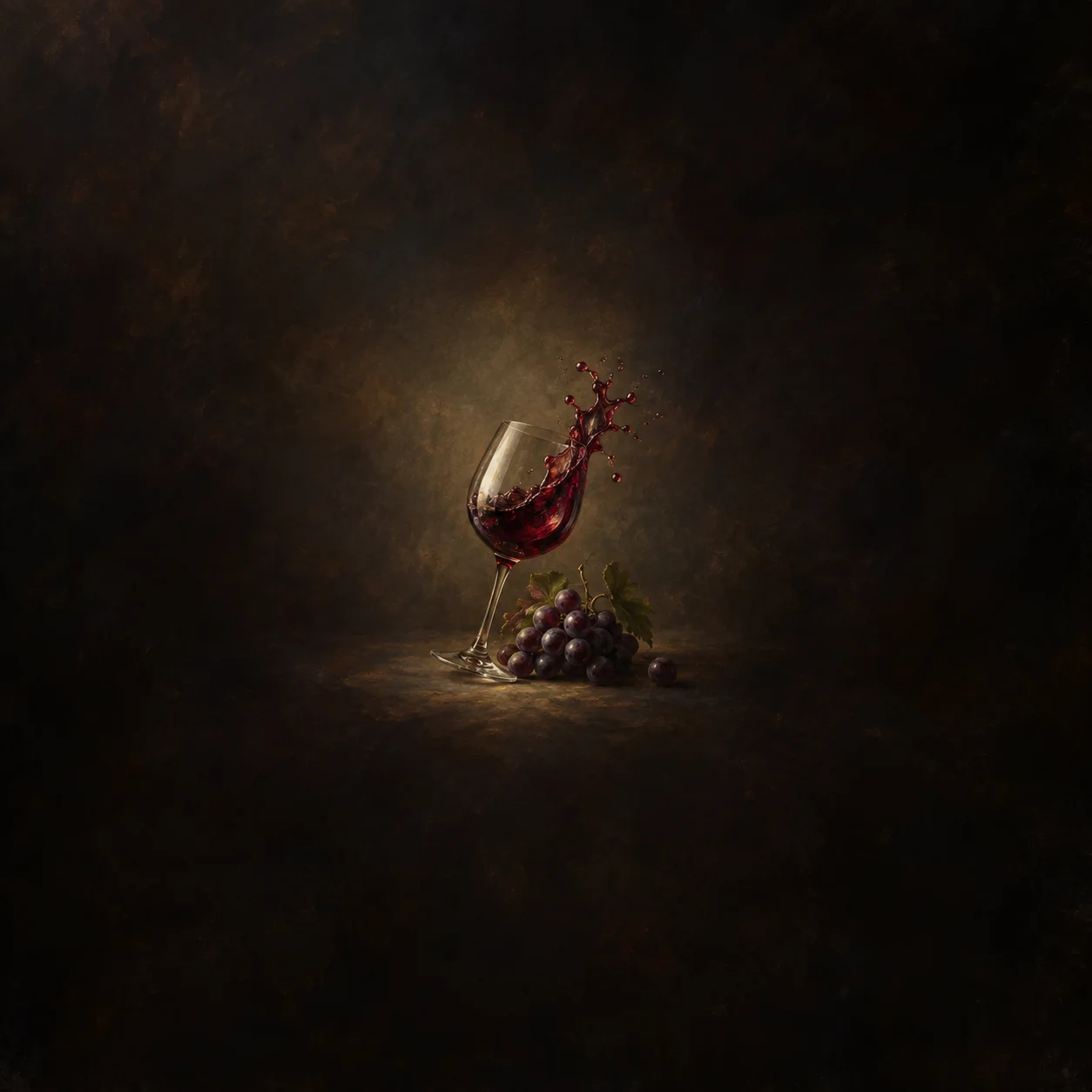 Red wine splashes from a tilted glass beside a small bunch of grapes against a dark brown background.