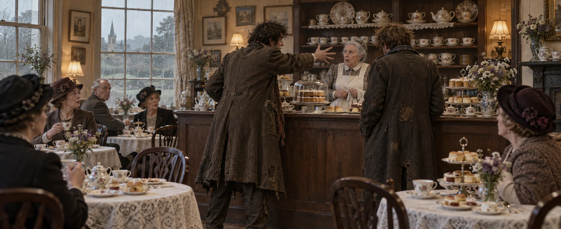 Two scruffy young men in long coats make a loud demand at the counter of a genteel English tea room as customers stare.