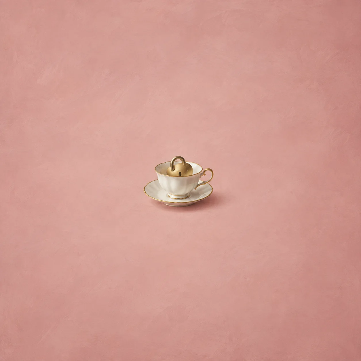 A small brass padlock inside a gold-rimmed teacup and saucer against a dusty rose background.