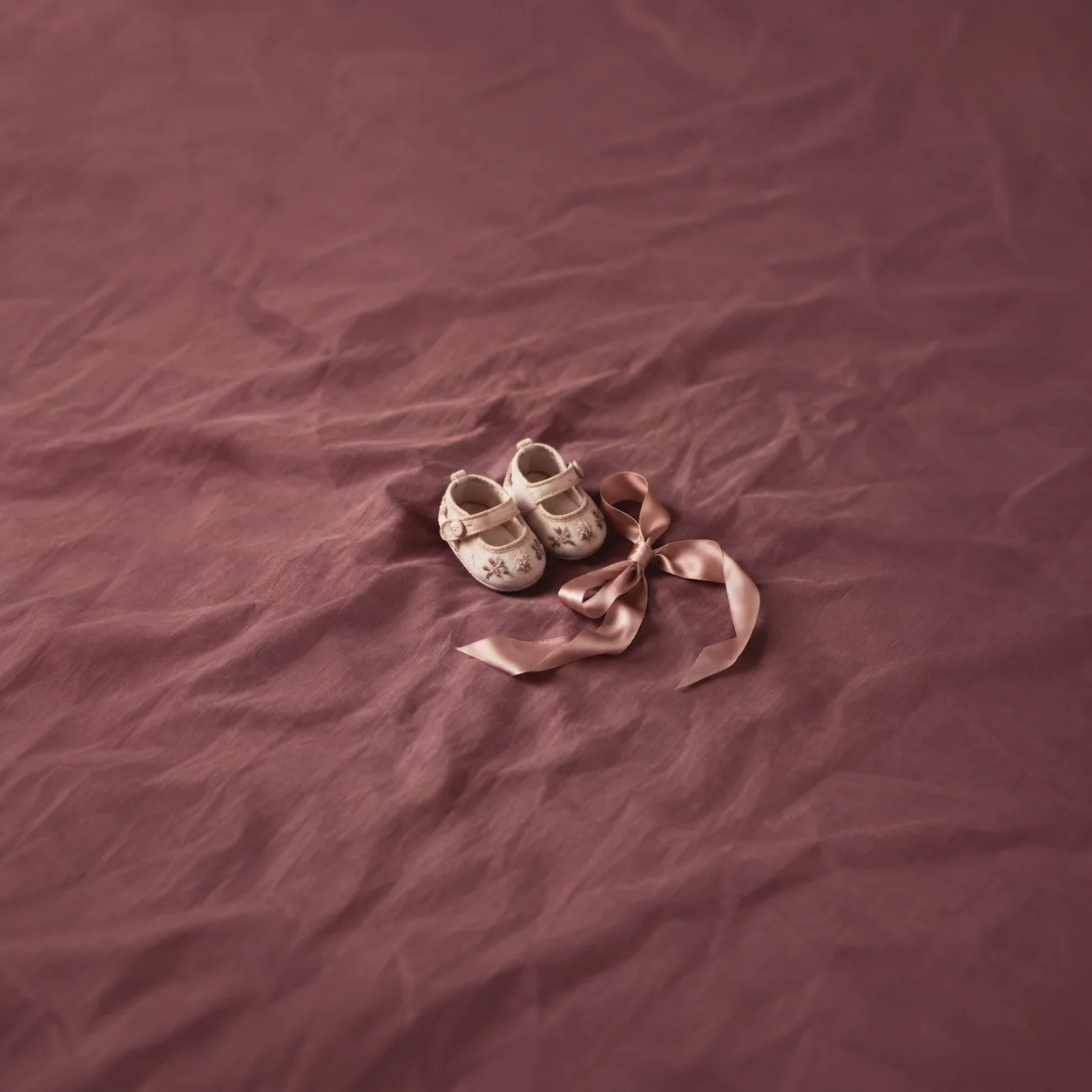 Painterly small baby shoes and a loose pink ribbon on rumpled dusty-rose fabric.