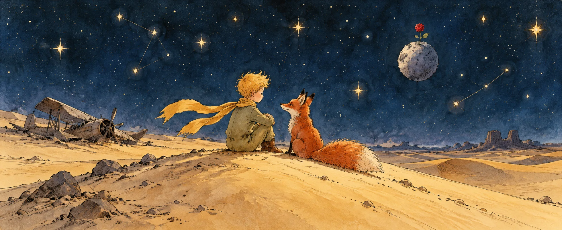 A small boy with golden hair and a long yellow scarf sits on a desert dune beside a fox under a starry sky, a crashed plane behind them.