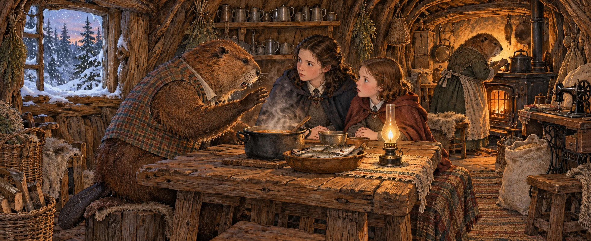 A beaver in a checked waistcoat leans across a rough table toward two girls in a snug lodge, a pot steaming and snow at the window.