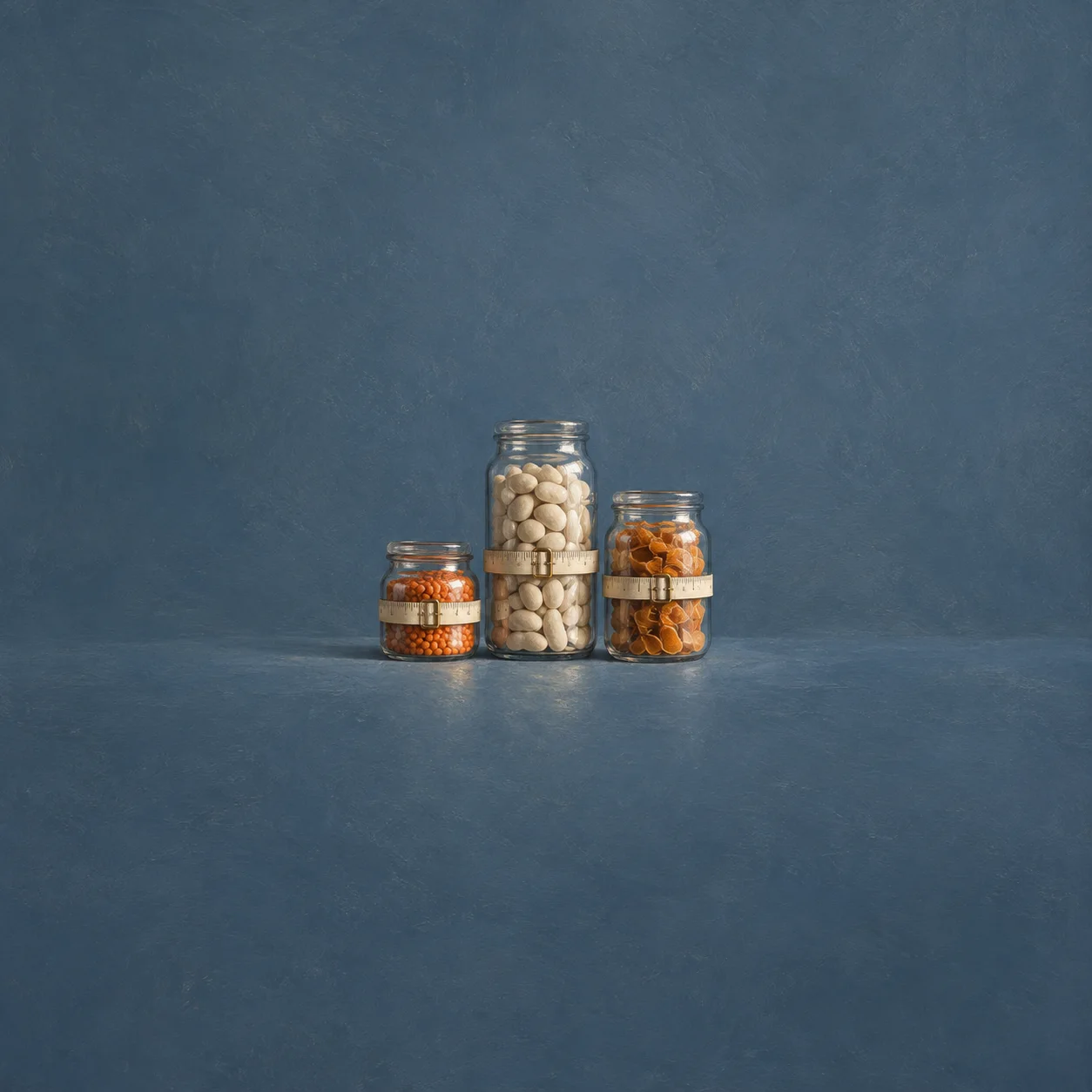 Three glass jars of different heights filled with small pale and orange pieces, each wrapped with a measuring strip on a blue surface.