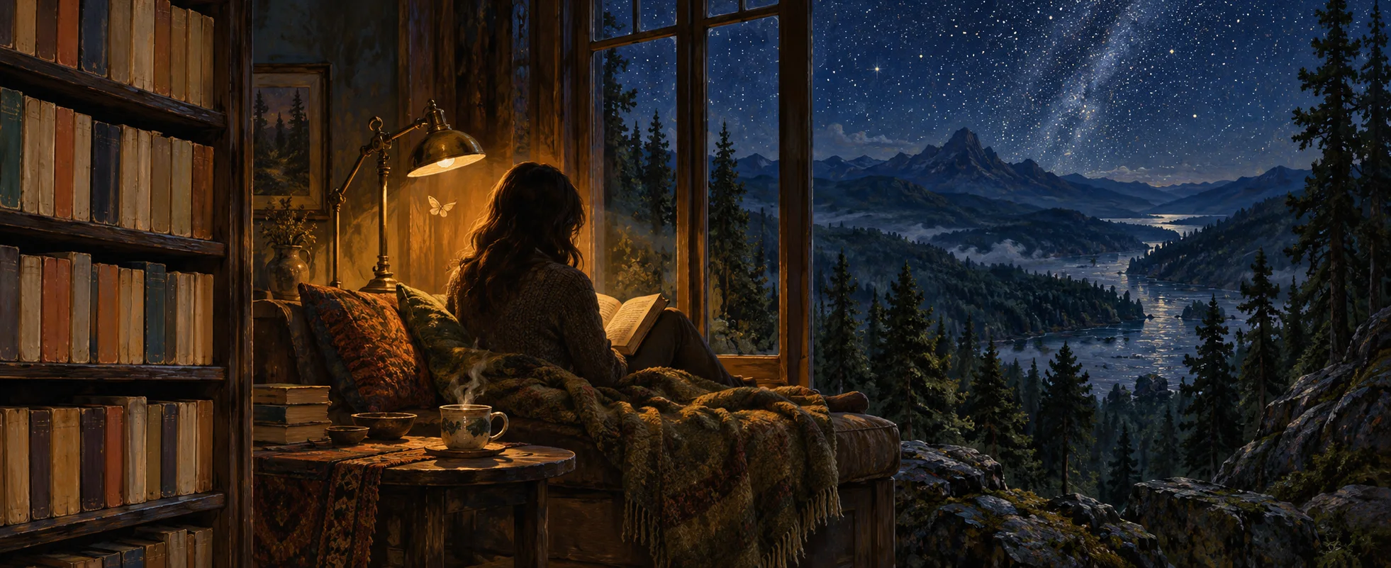A woman reads curled up in a window seat of a book-lined room at night, a starlit forested valley outside.
