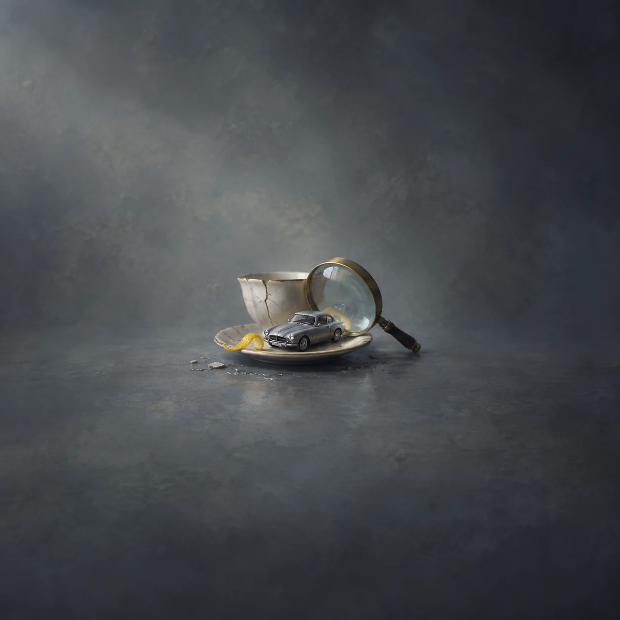 A small grey toy car sits on a saucer beside a cup, lemon slice and tilted magnifying glass.