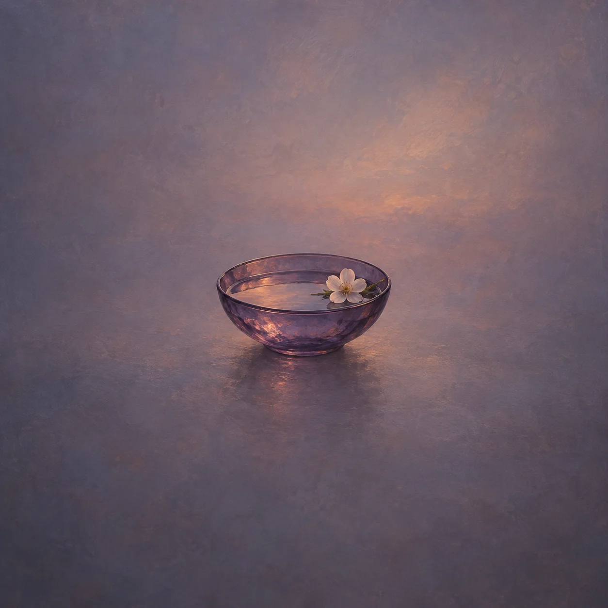 A small pale flower floats in a purple glass bowl of water against a softly lit lavender background.
