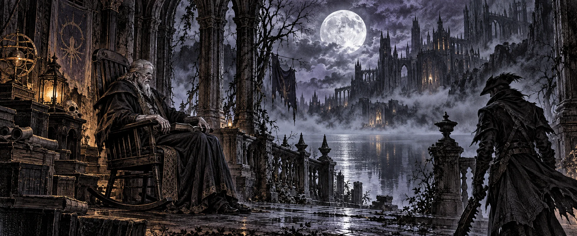 Master Willem, an old blindfolded scholar in a hooded robe, sits in a rocking chair on a moonlit veranda by a misty lake as a hunter in a tricorn hat approaches from the shadows, in gothic etching style.