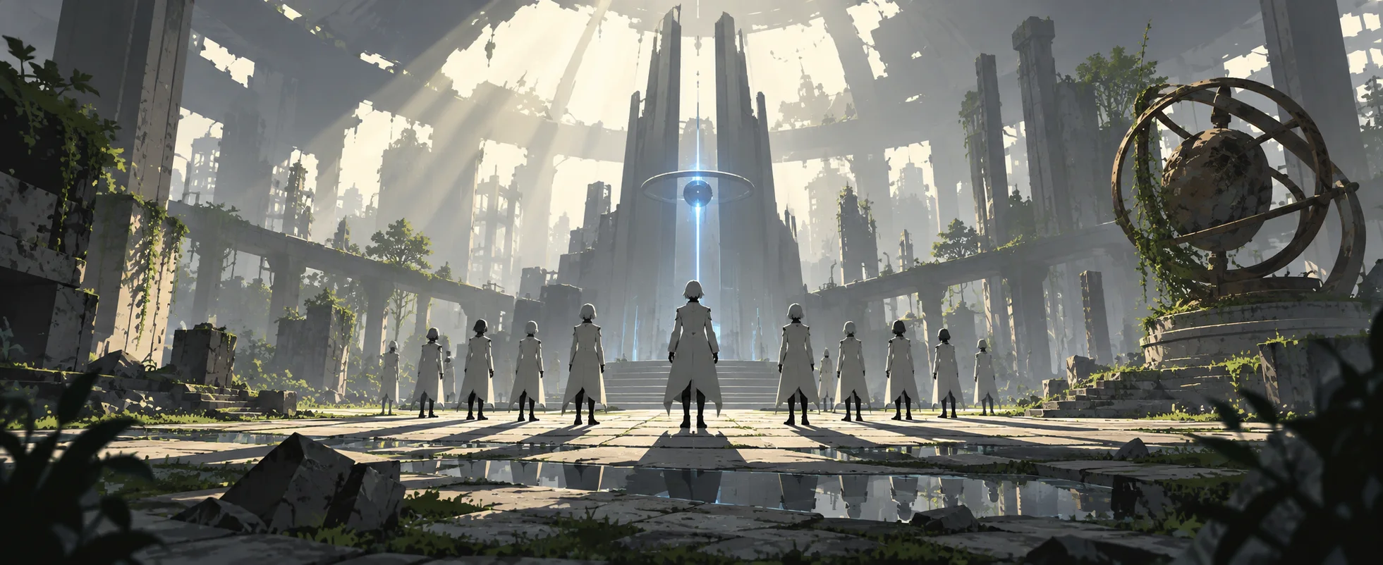 A squad of androids in black stands in rank before a glowing tower in an overgrown ruined city.