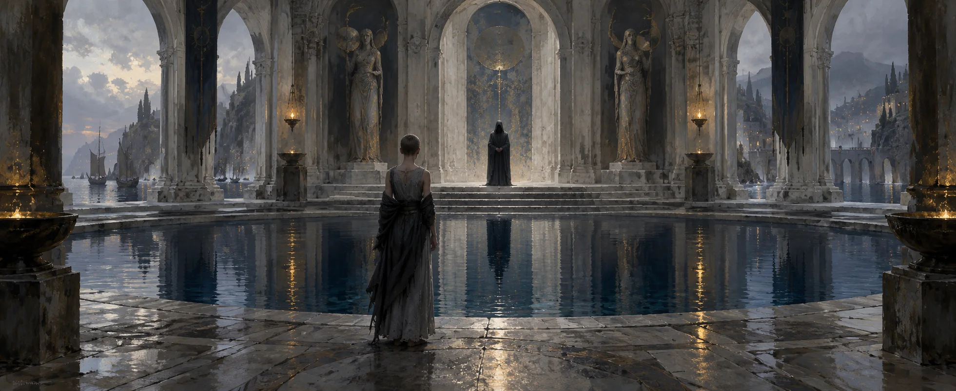 Painterly fantasy illustration of a thin girl in grey robes standing before a dark still pool in a vast pale stone temple of arches and statues, a cloaked figure waiting on the far steps.