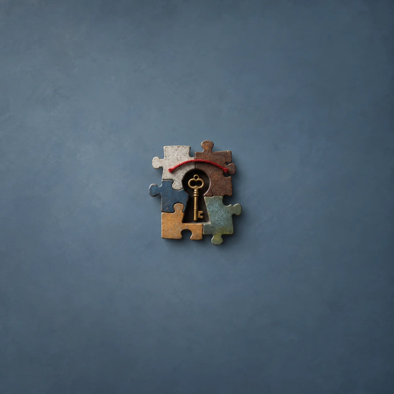A brass key nestled among coloured jigsaw pieces with curved red thread above it on a slate-blue background.