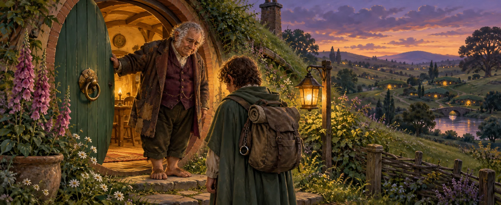 An old hobbit in a red waistcoat greets a young traveller at the round green door of his hillside home at dusk.