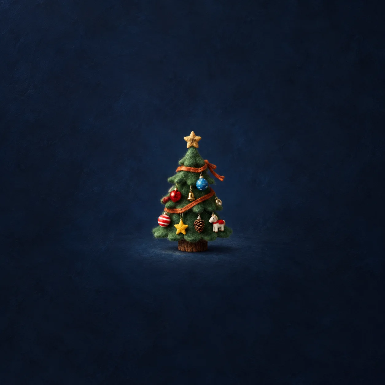 A small green Christmas tree has colourful ornaments, gold stars and an orange ribbon against midnight blue.