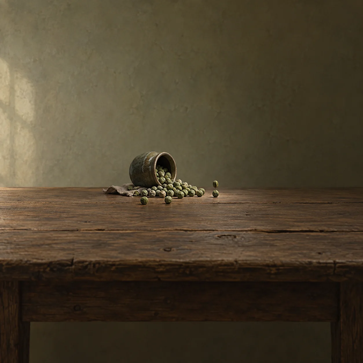 Painterly tipped metal container spilling green peas across a worn wooden table.