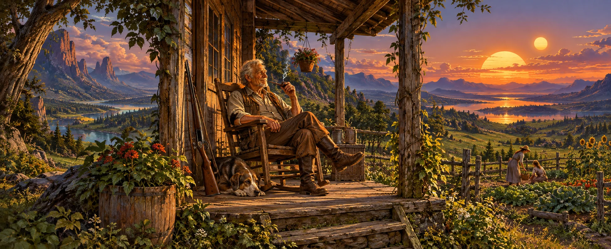 An old man relaxes in a rocking chair on the porch of a frontier homestead overlooking a green valley at sunset.