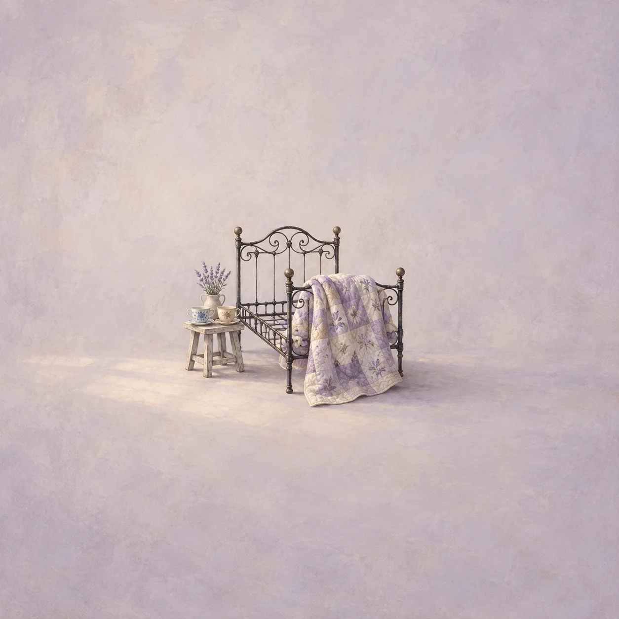 Painterly ornate iron bed frame draped with a lavender quilt beside a stool with cups and flowers.