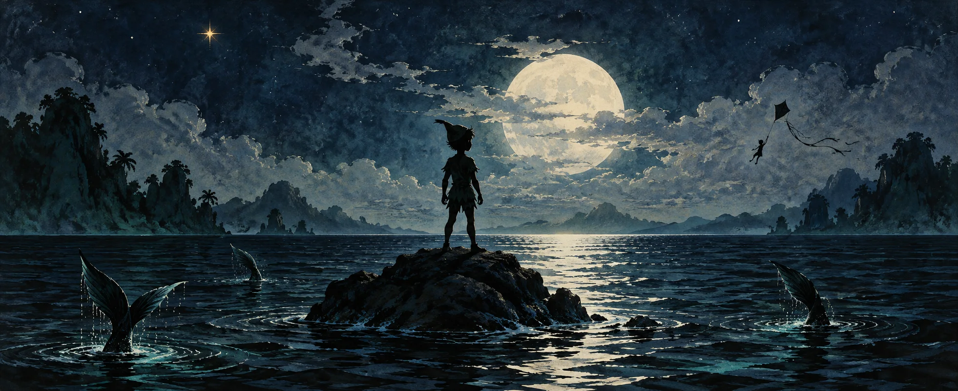 A boy stands on a rock in a moonlit lagoon as the tide rises around him and mermaids' tails break the water.