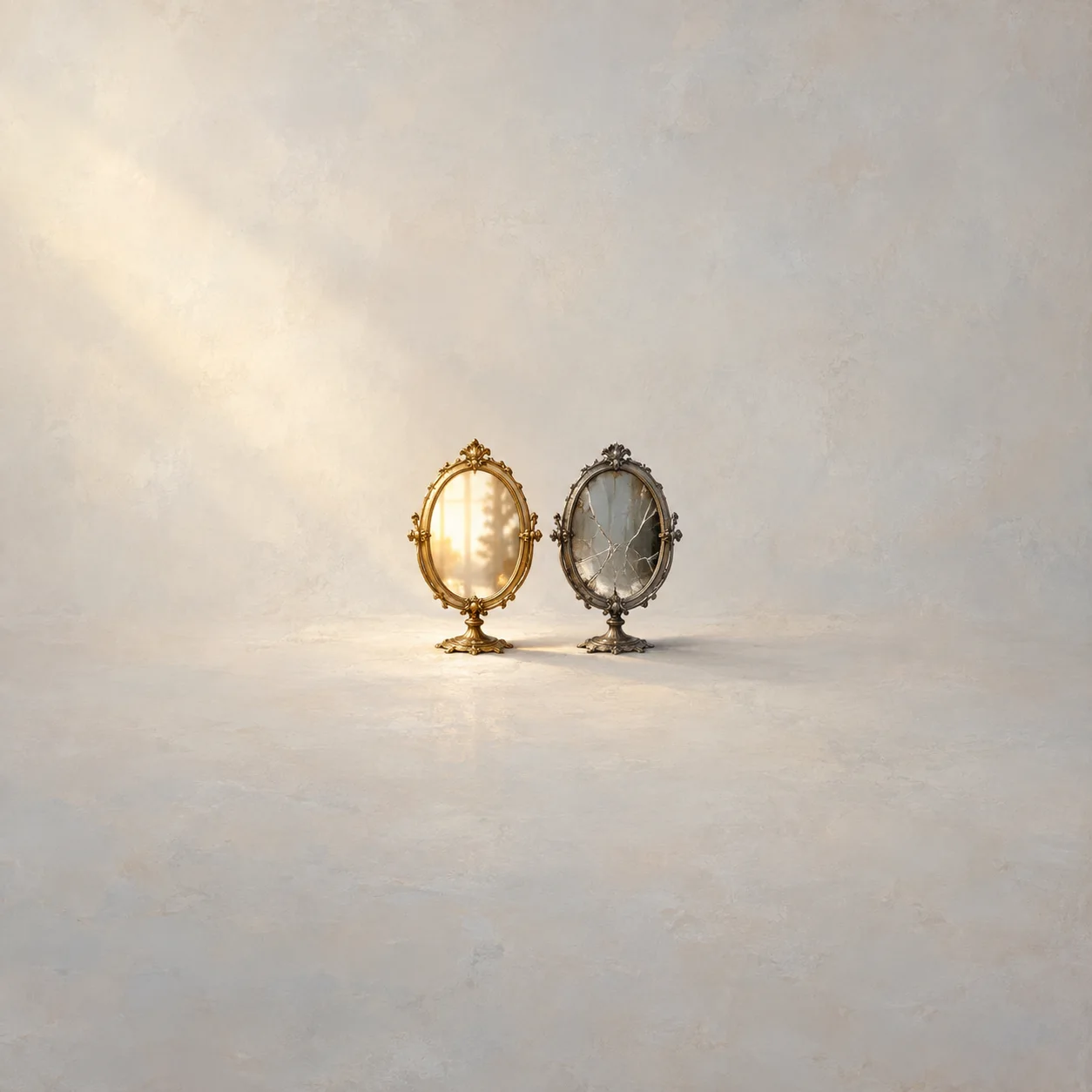 Two ornate oval mirrors stand side by side, one reflecting warm golden light and the other dark with cracked glass.