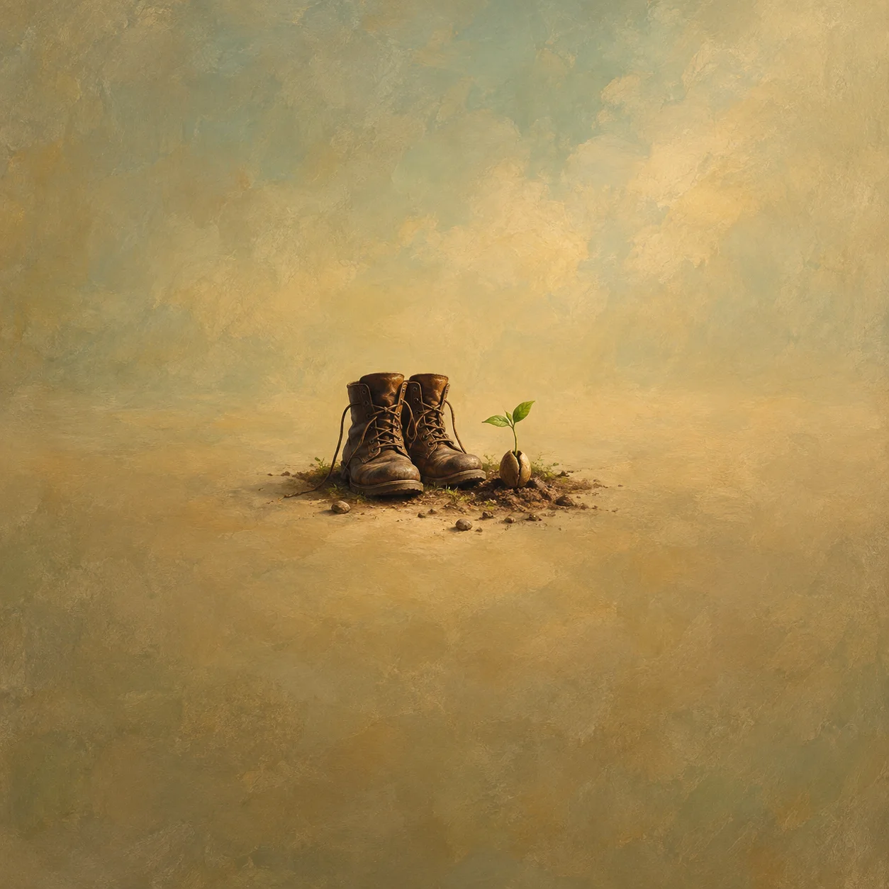 A pair of worn brown boots stands beside a small green seedling in loose soil against ochre.