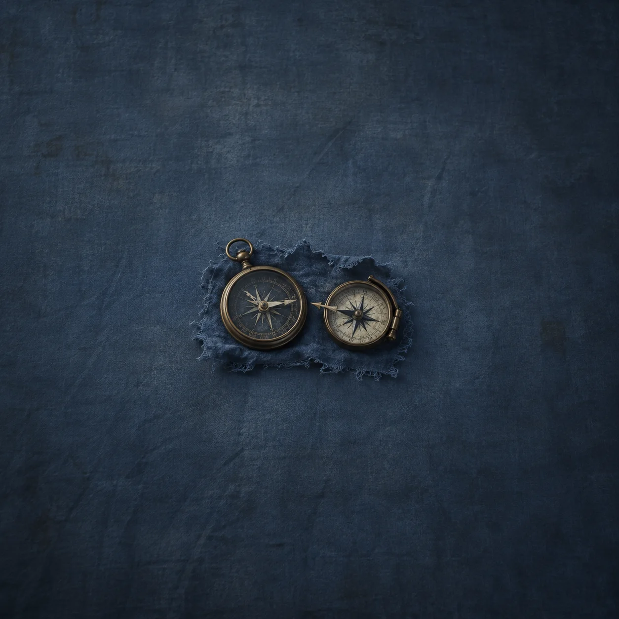 Painterly two brass compasses resting on a torn scrap of navy fabric.