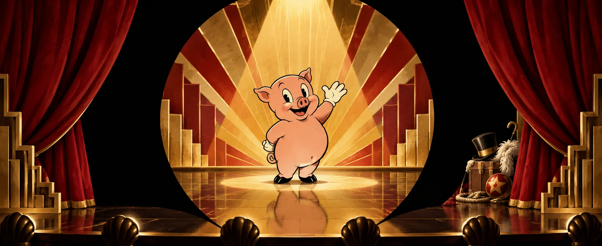 Art deco cartoon of a round pink pig in a bow tie waving goodbye in a golden spotlight on a theatre stage framed by red curtains, a dark iris closing in around him.