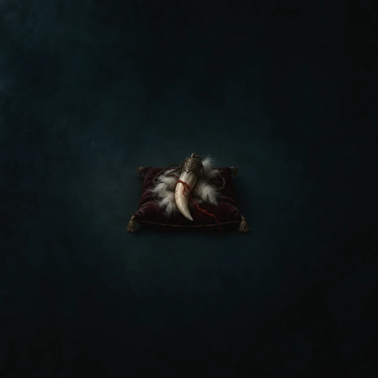 Painterly fang-shaped pendant and white fur on a dark velvet cushion.