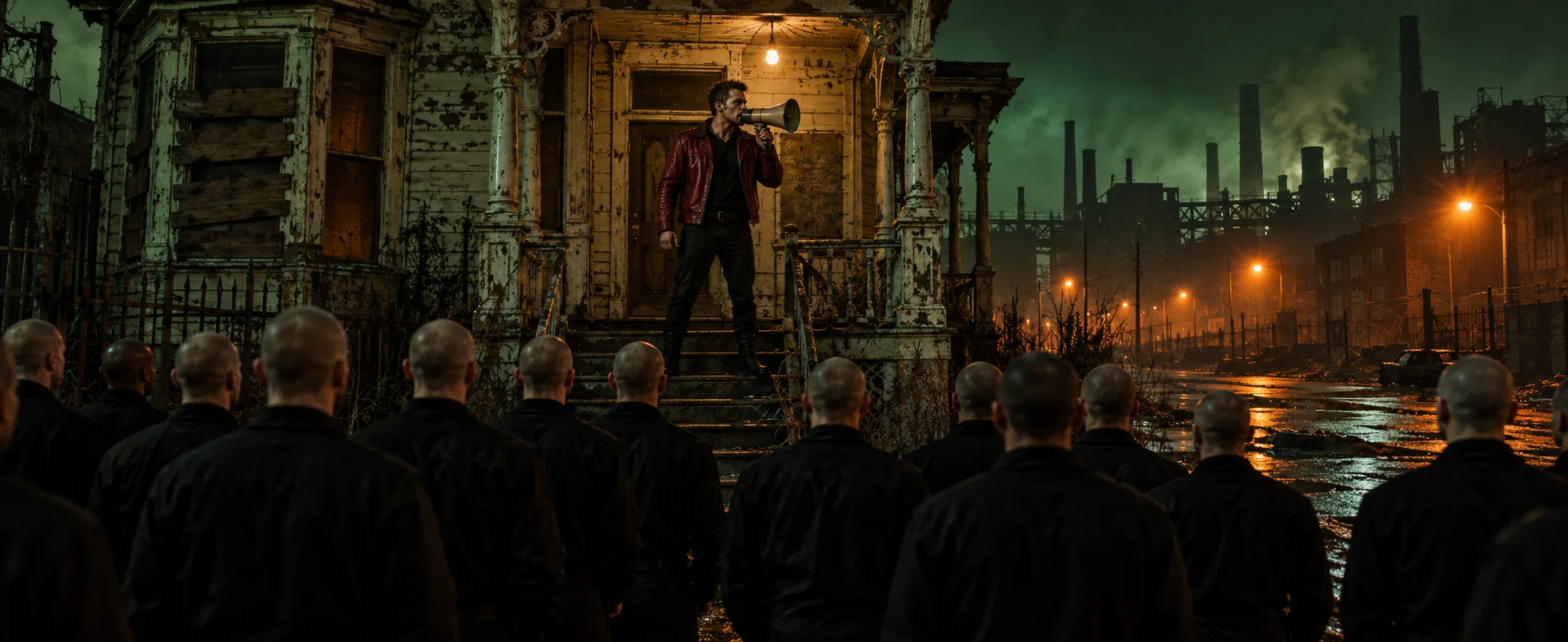 A man in a red jacket speaks through a megaphone from the porch of a decaying house to rows of shaven-headed recruits at night.