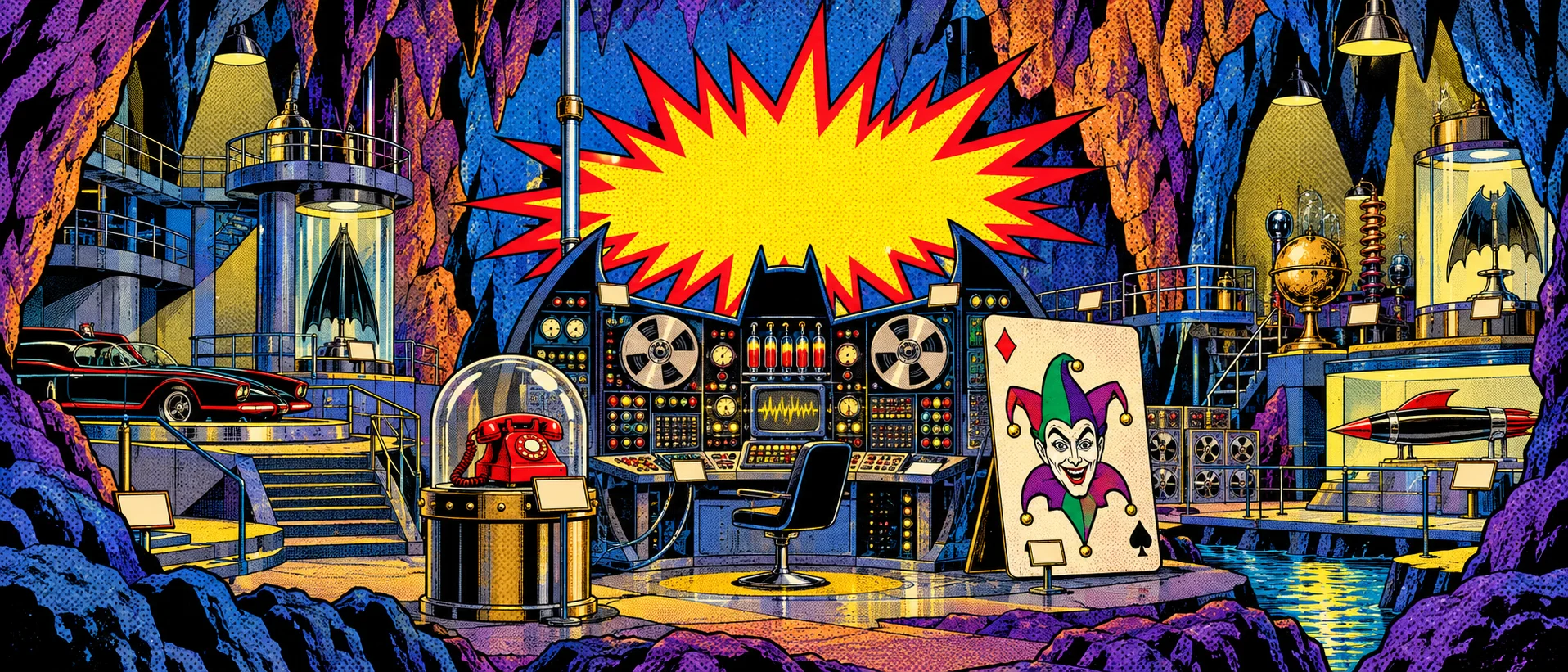 A pop-art cave lair full of blinking computers, a red hotline phone under a glass dome and a giant joker playing card, with a yellow comic starburst exploding overhead.