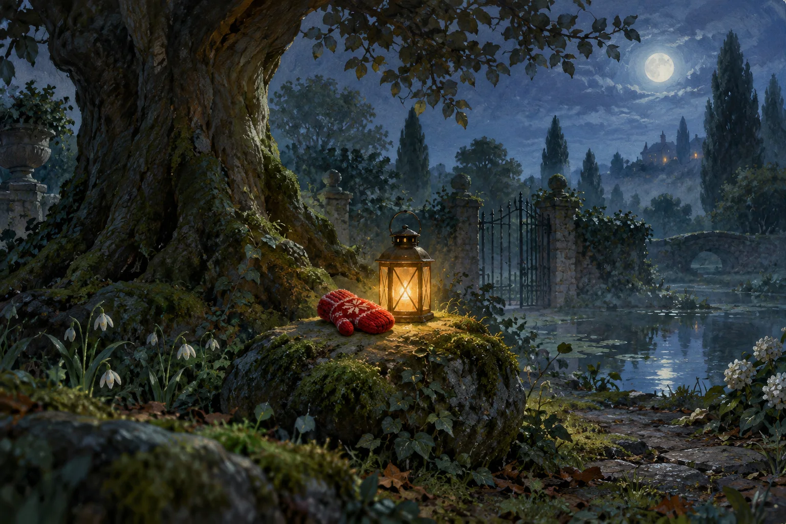 A knitted mitten and a small glowing lantern rest on a mossy stone in a misty moonlit garden.