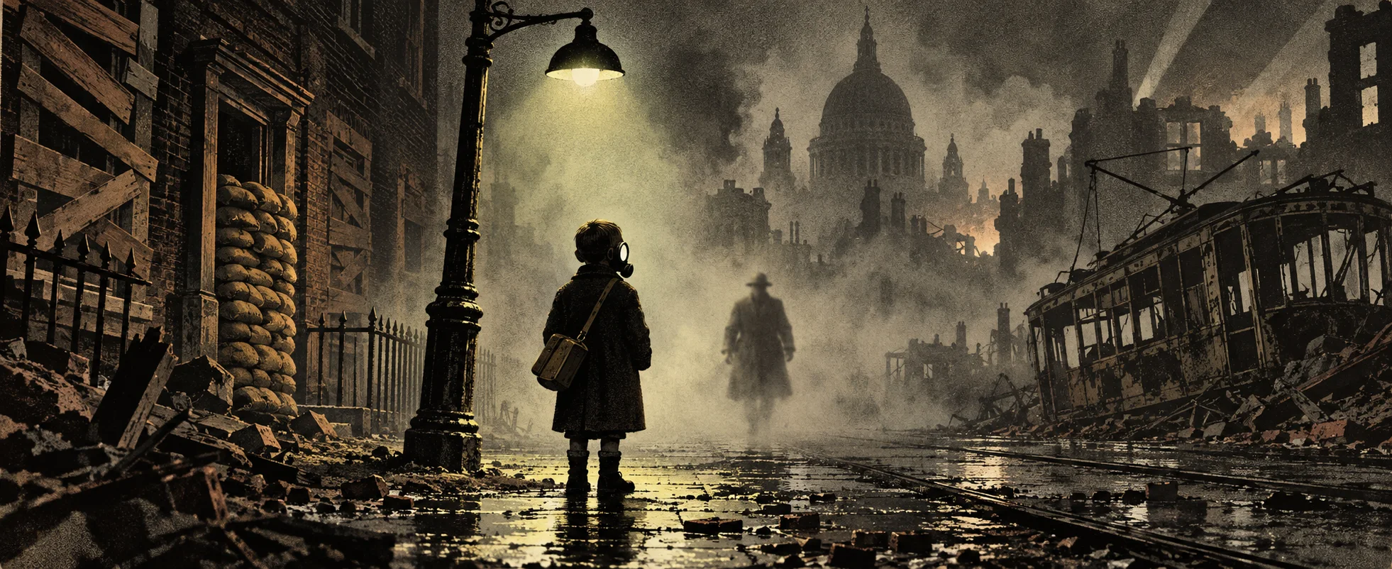 A small boy in a long coat and gas mask stands alone under a streetlamp in a foggy, bomb-damaged London street.