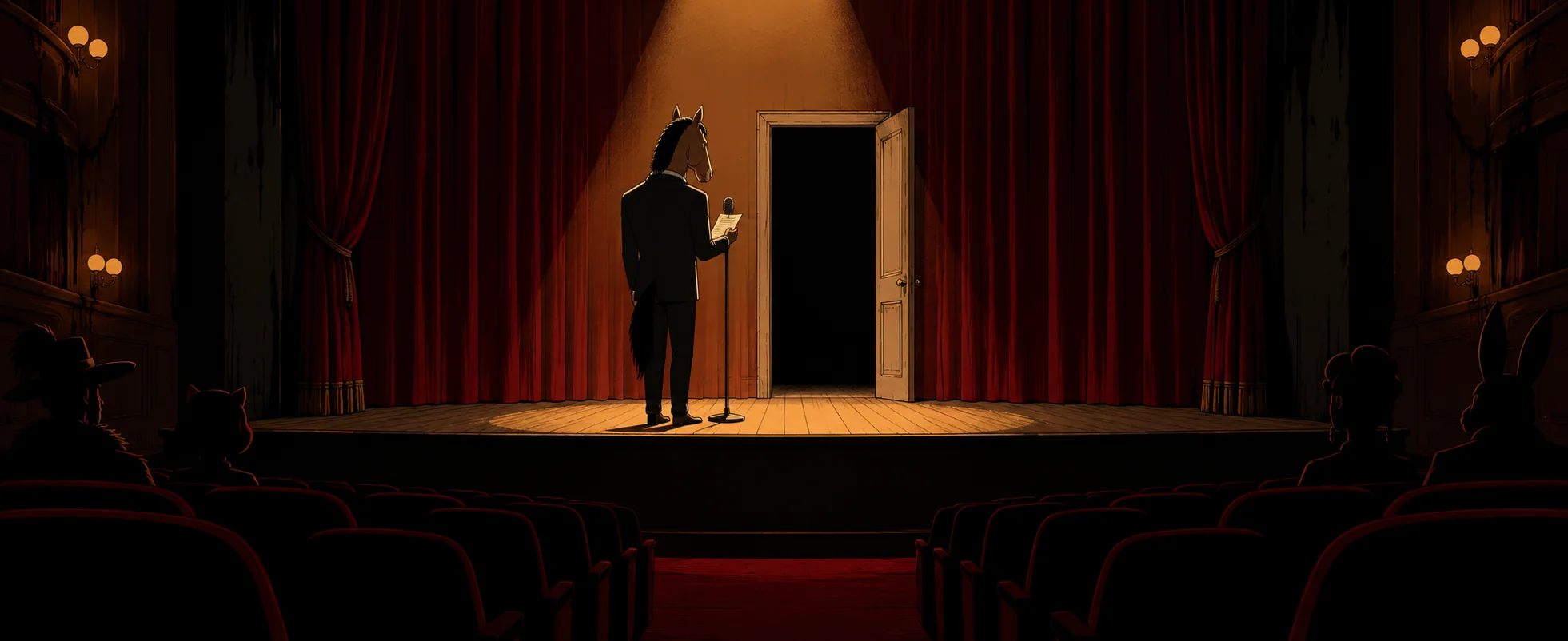 A horse in a dark suit stands alone in a spotlight on a theatre stage beside an open door into darkness.