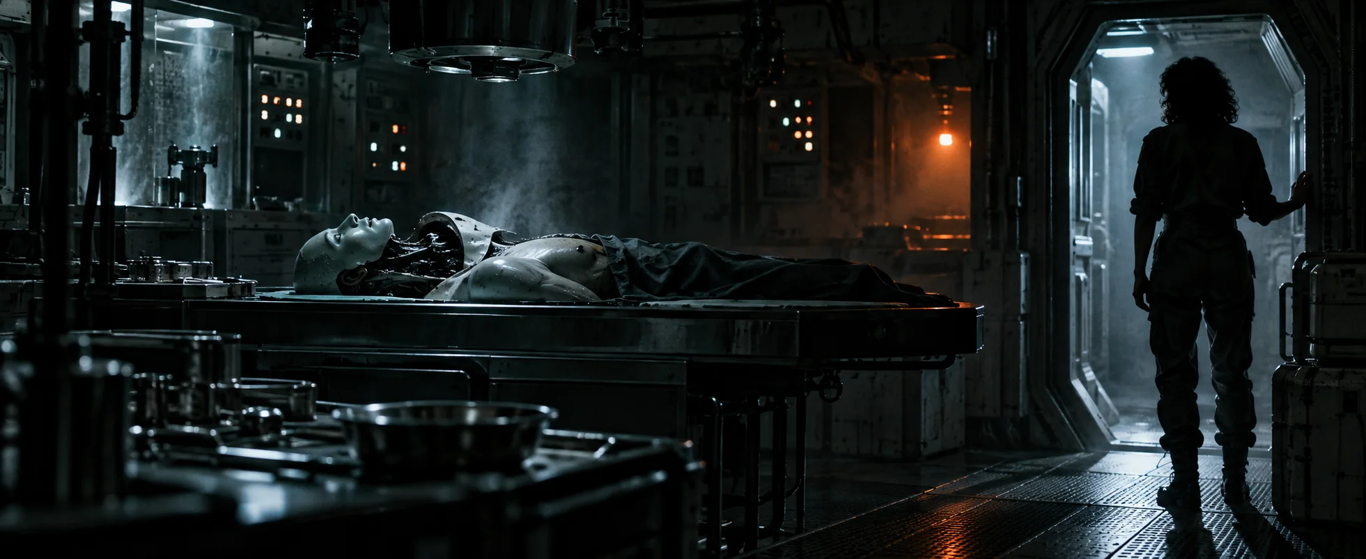 A pale android lies on a steel table in a dim spaceship lab while a woman stands silhouetted in the doorway.