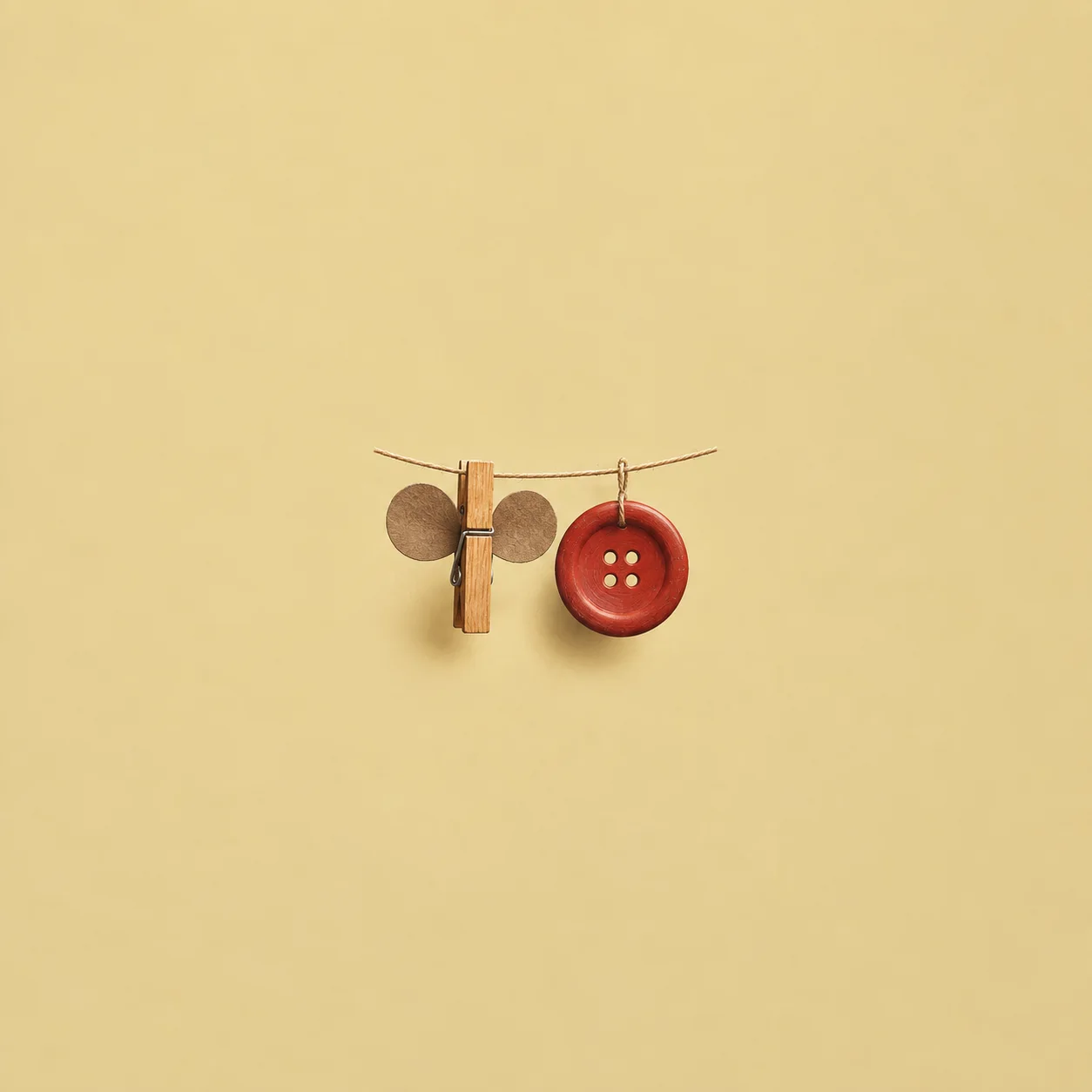 Two round brown paper cutouts clipped to a clothes peg hang beside a large red button on a string.
