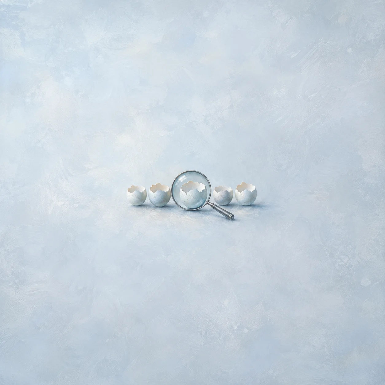 A magnifying glass over a row of empty pale eggshells on an icy blue background.