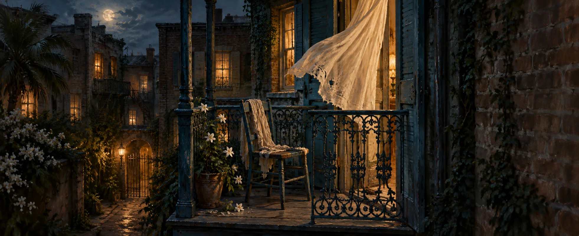 An empty blue balcony overlooks a brick courtyard, with a torn cream curtain moving in warm night air.