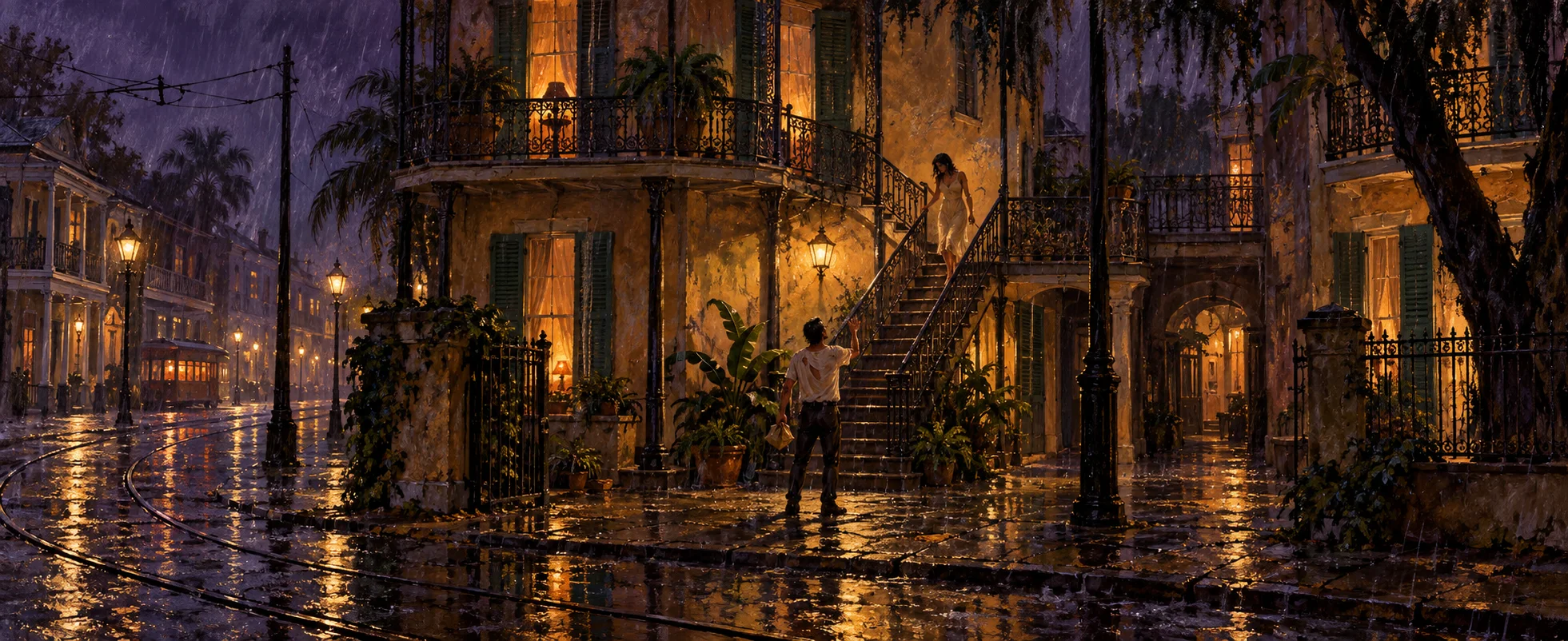 A man bellows up from a rain-soaked New Orleans courtyard at the foot of an iron staircase on a night of wrought-iron balconies.