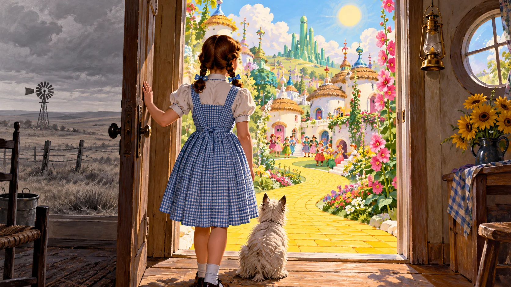 A girl in a blue gingham pinafore and her small white dog look out of a sepia farmhouse doorway into a bright Technicolor land of flowers and a yellow brick road.