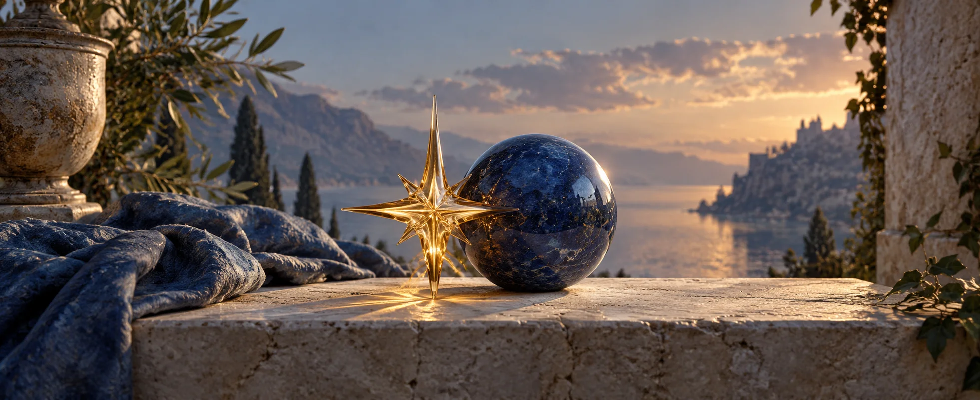 A small golden spark-shaped glass ornament rests beside a blue sphere on a pale stone shelf.
