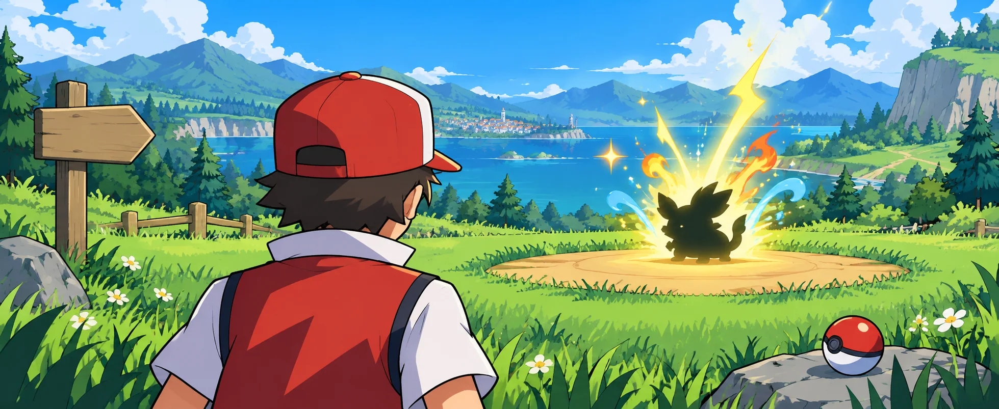 A trainer in a red cap watches from behind as a small creature crackles with energy in a grassy battle clearing, a red-and-white ball nearby.