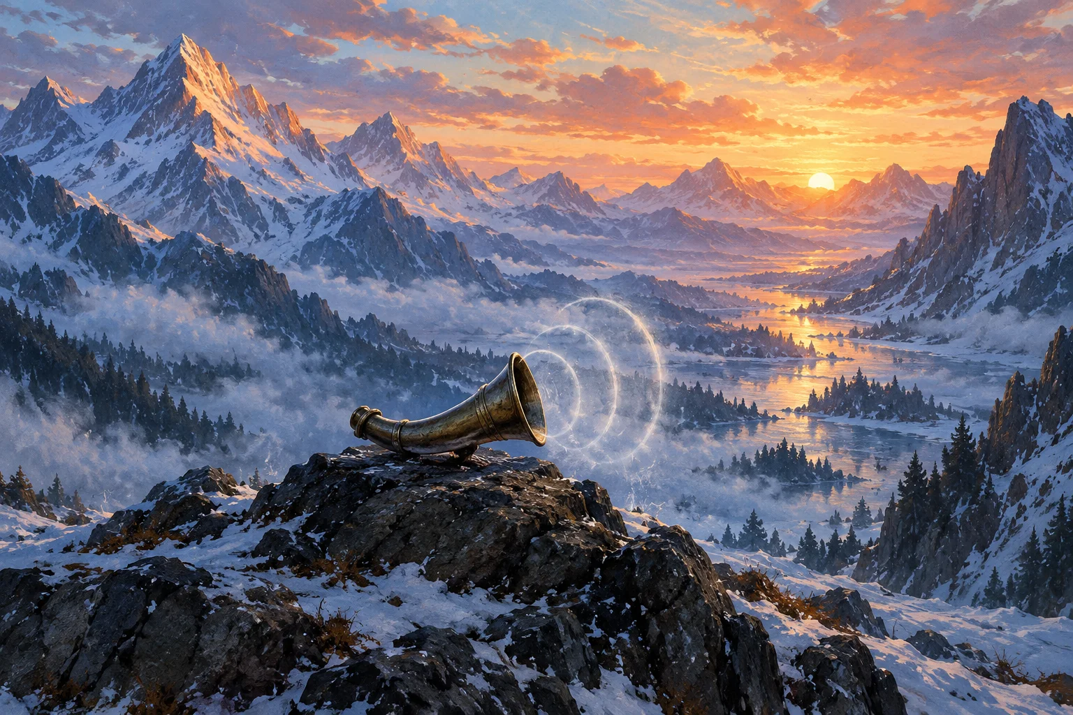 A curved bronze horn rests on a rocky ledge as three rings of wind pass above a snowy mountain valley.