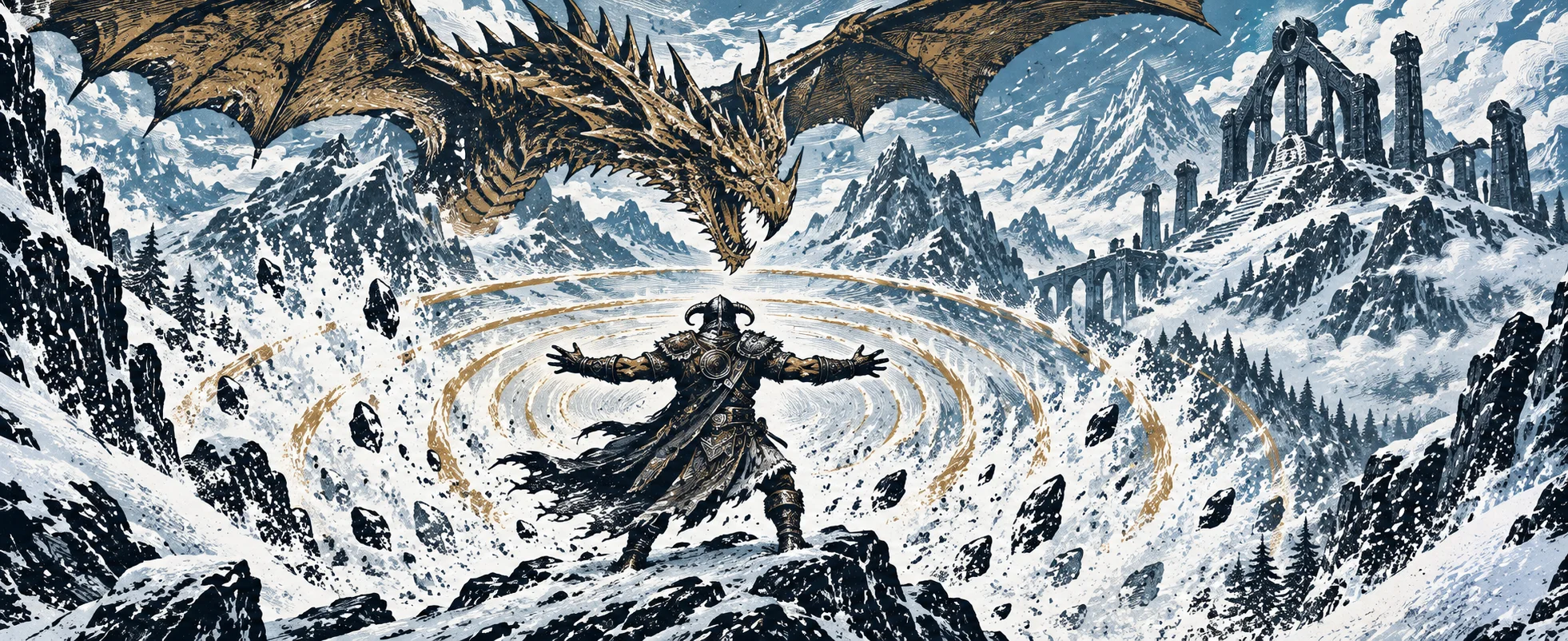 A hooded hero in a horned helmet unleashes a shockwave of rings through the snow on a mountain ridge as a dragon swoops overhead.