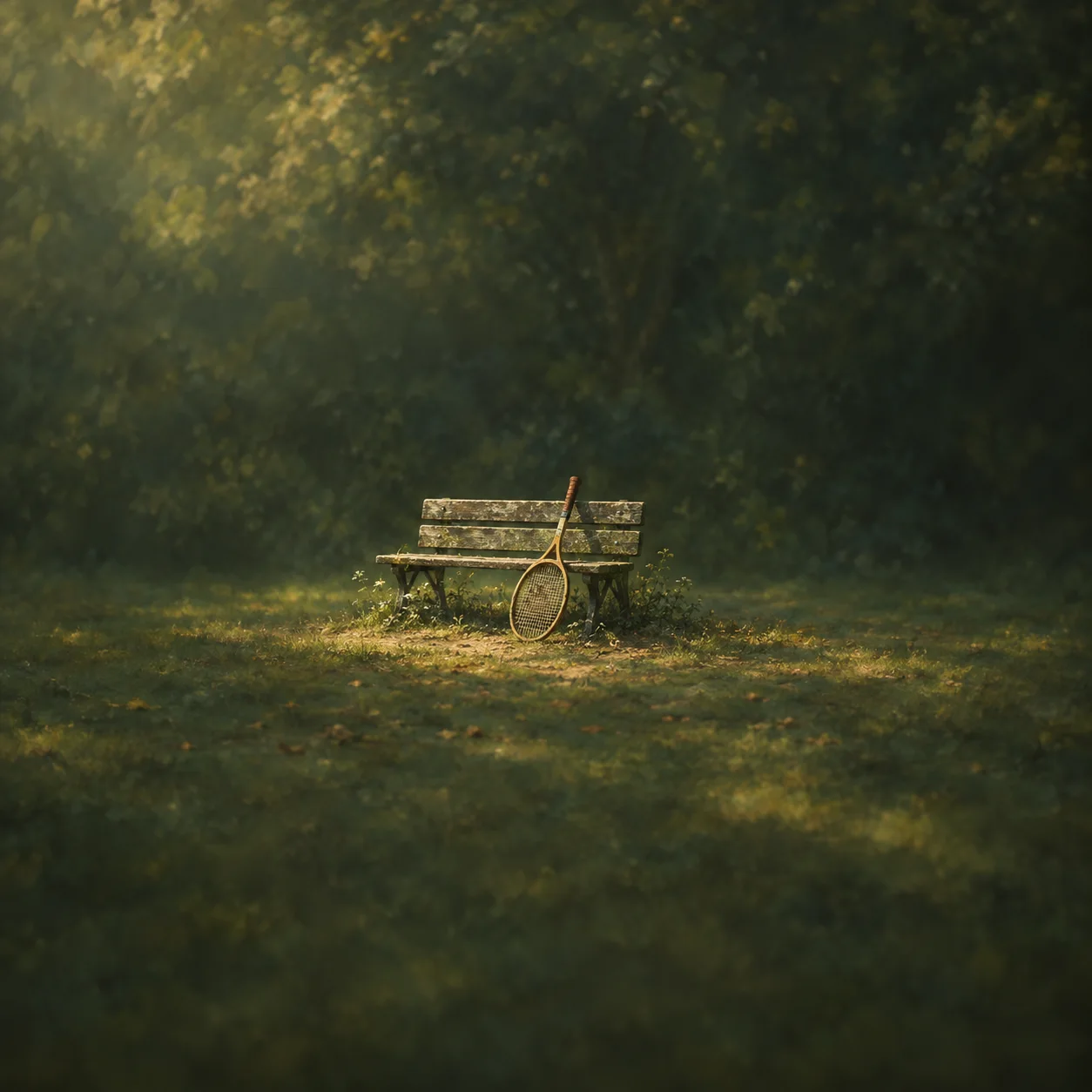 A wooden tennis racket leans against a weathered bench in a leafy green setting with warm patches of sunlight.