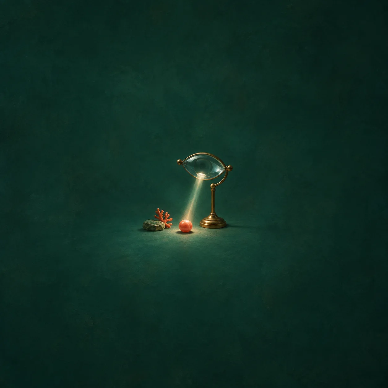 A glass lens on a brass stand directing a beam of light onto a small coral-colored bead against a dark green background.