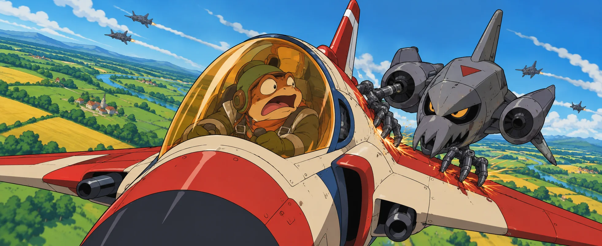 A frog pilot yelps from his jet cockpit as an enemy fighter clamps onto his wing over green fields.