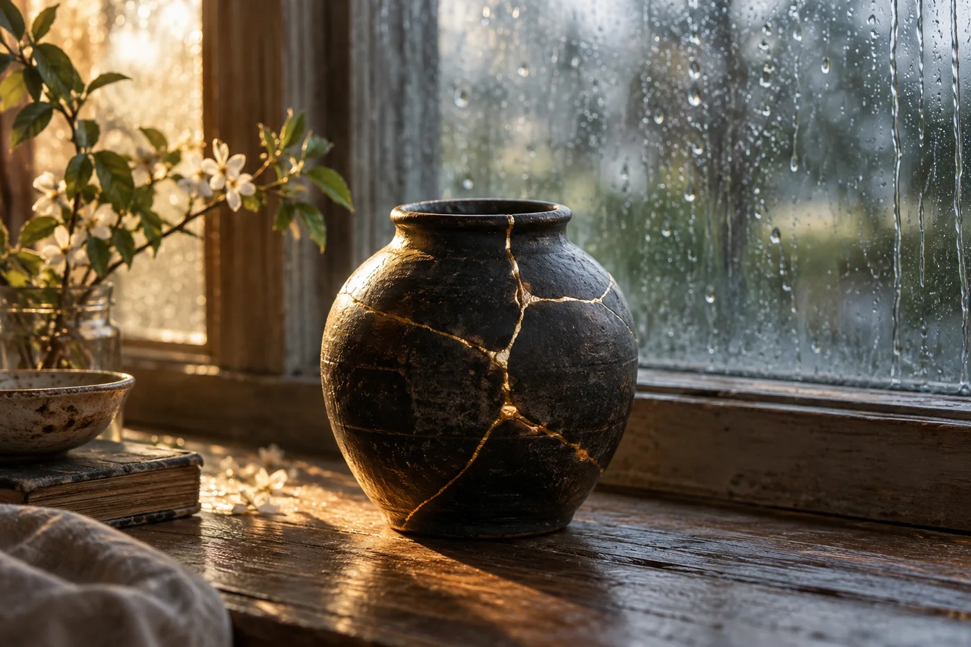 A dark ceramic vase repaired with gold beside a rain-speckled window.