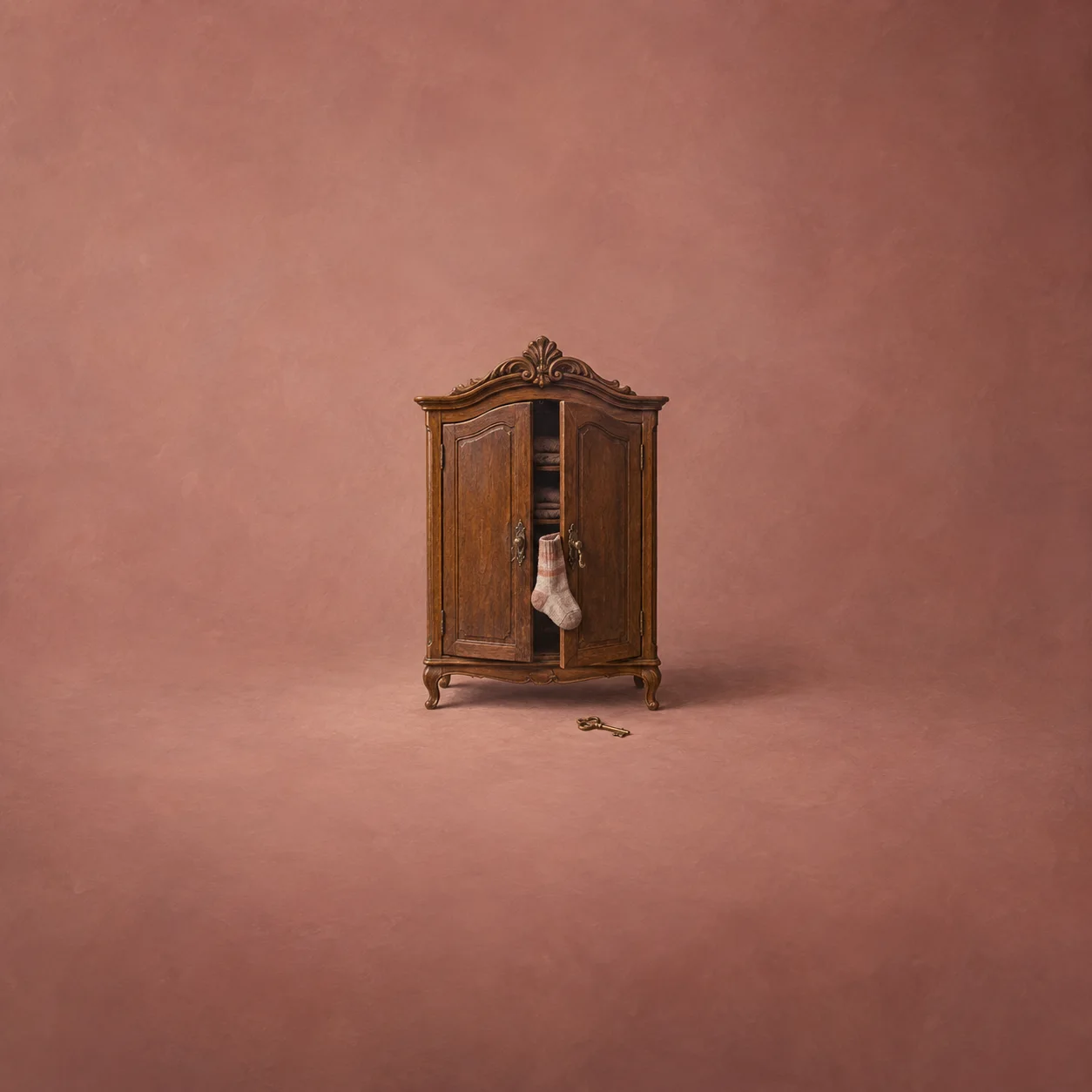 A sock hangs from the partly open doors of a carved wooden wardrobe, with a small key on the floor.