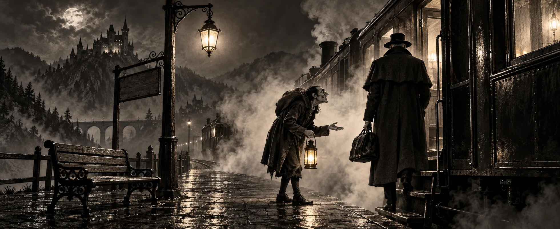 A hunched servant with a lantern beckons a tall traveller with a carpetbag off a train onto a foggy, moonlit Transylvanian platform.