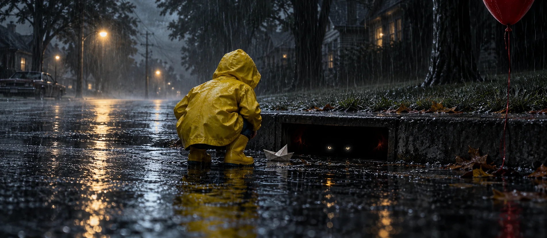 A small boy in a yellow raincoat crouches by a storm drain on a rainy street, a red balloon bobbing above the gutter.