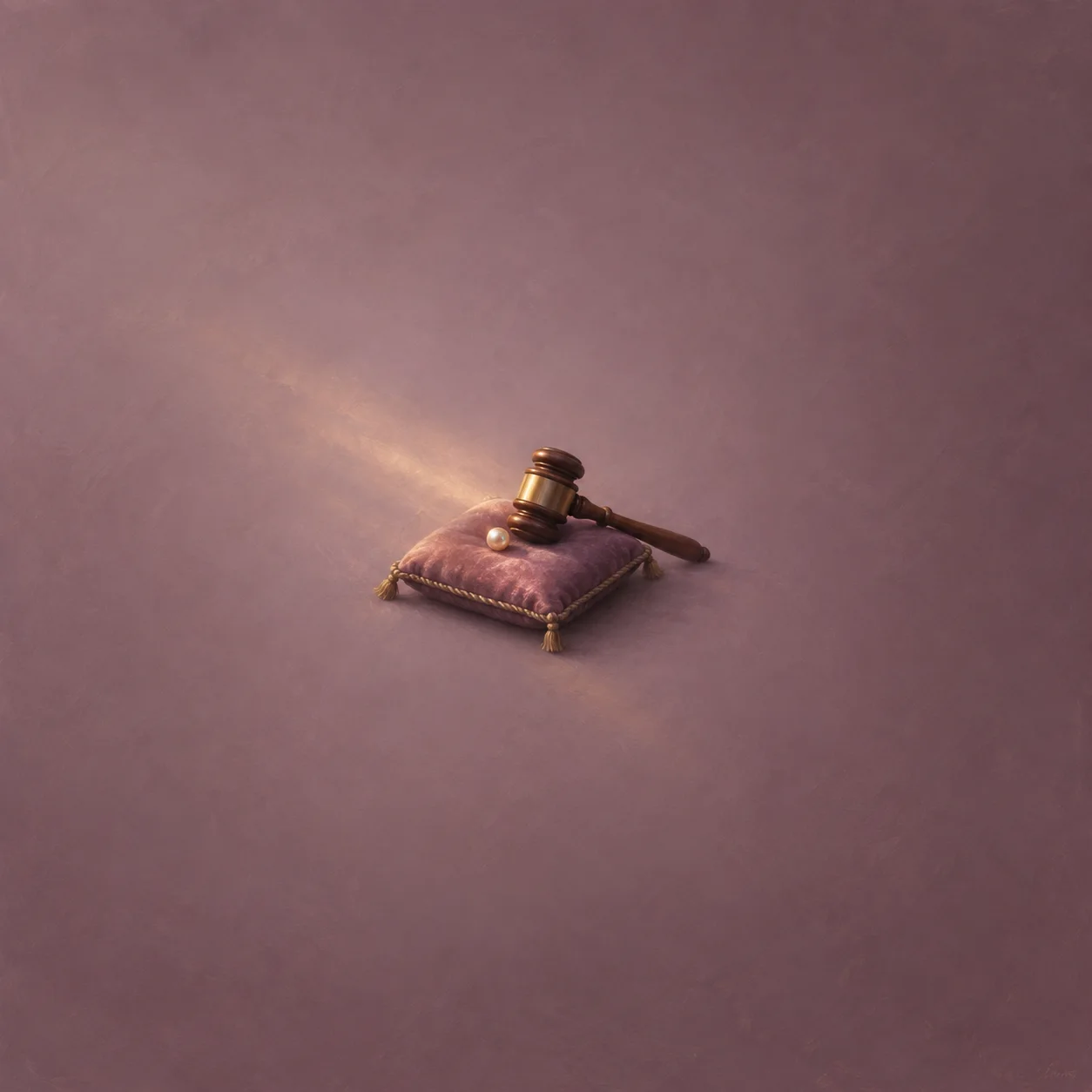 A wooden gavel and a pale pearl rest on a mauve cushion.